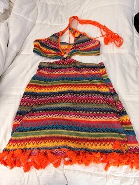 SHEIN Multicolor Backless Halter Dress with Bright Orange Trim